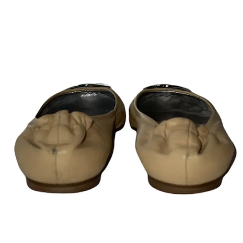 Tory Burch Beige and Silver Serena Mirror Leather Ballet Flats Size 6